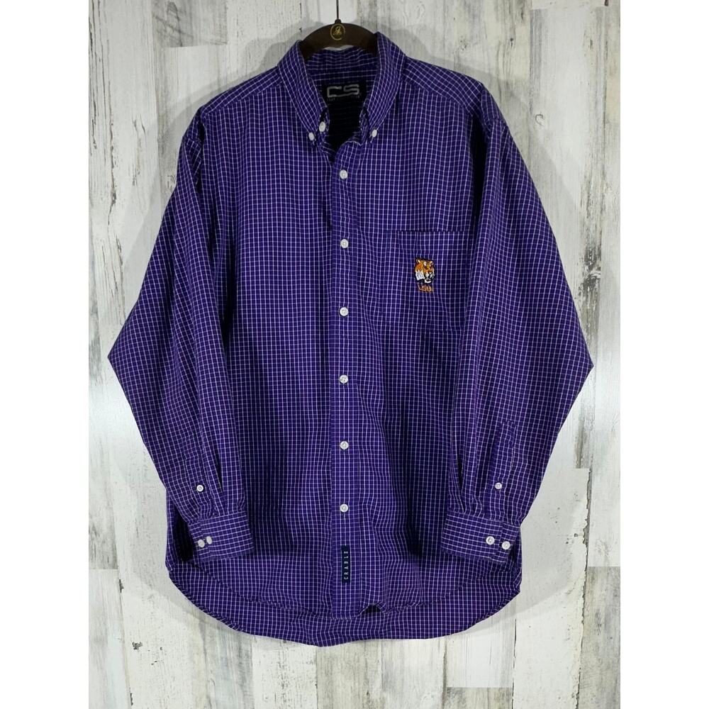 Crable Sportswear LSU Tigers Mens Shirt‎ Size Medium Purple Windowpane Plaid